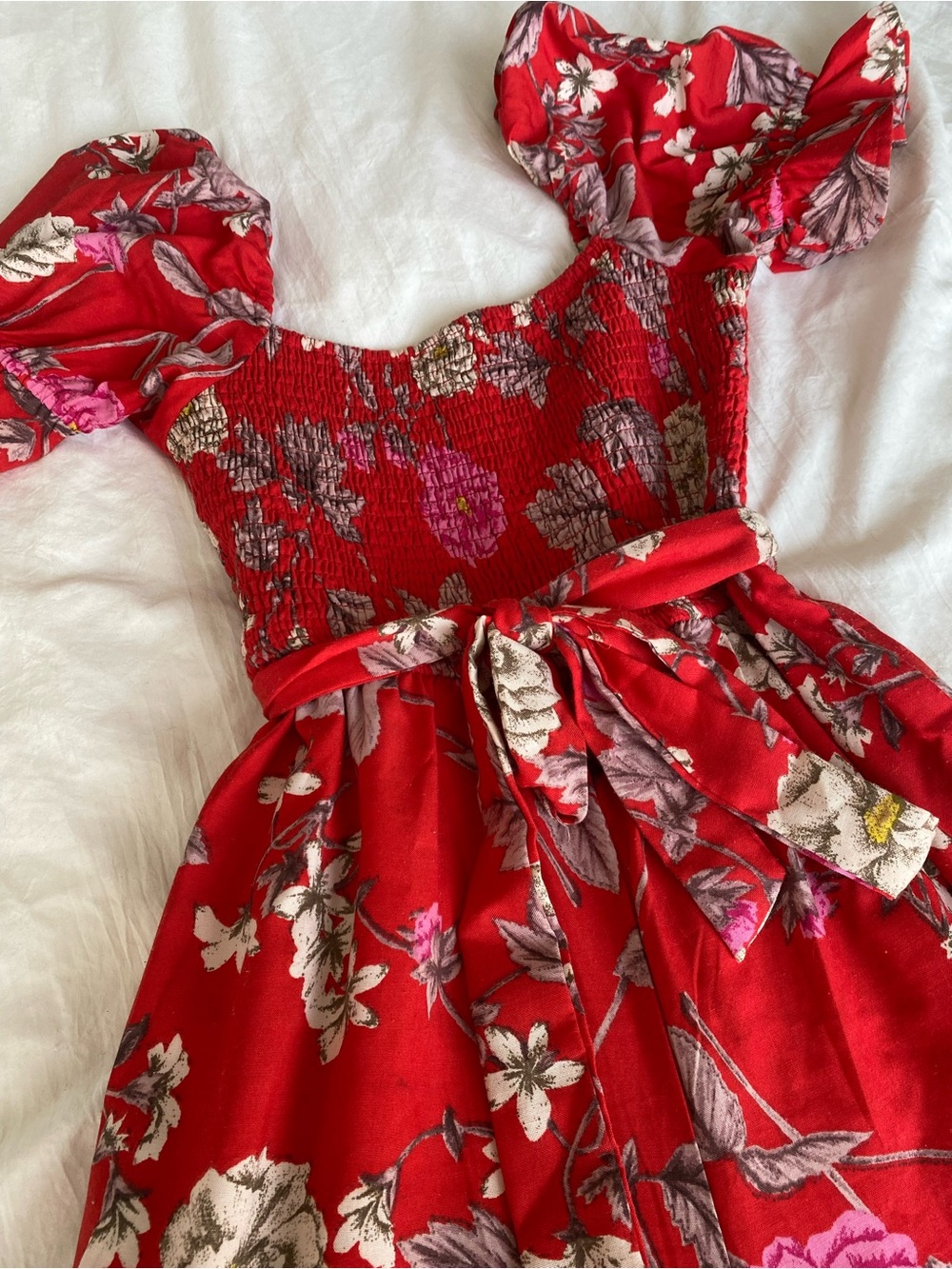 Red Floral Puff-Sleeve Smocked Waist Jumpsuit